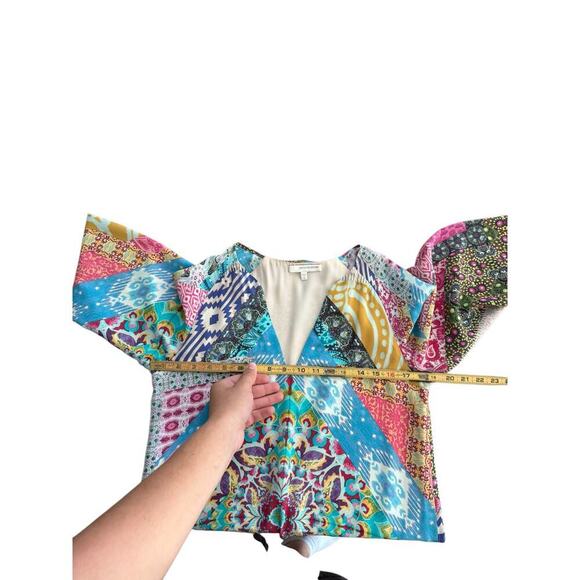 Lavender Brown Women's Multicolor Silk Bell Sleeve V-Neck Shift Dress Size Small - Picture 3 of 4